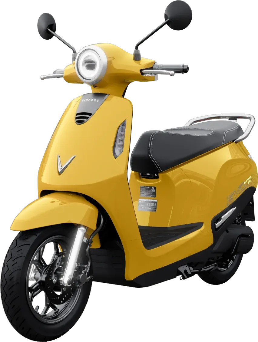 Xe máy điện Evo Grand Lite màu vàng, nhìn chéo phía trước